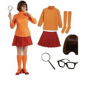 Women`s Velma Costume & Wig Orange Mystery Inc Scooby Doo Detective Dress Xl